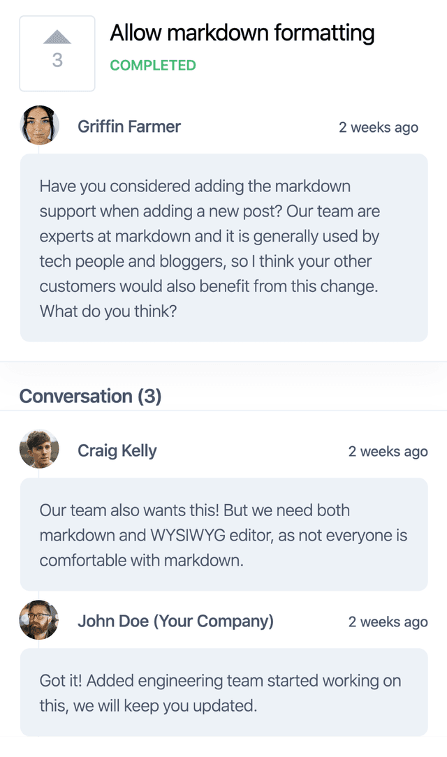 Customer feedback comments