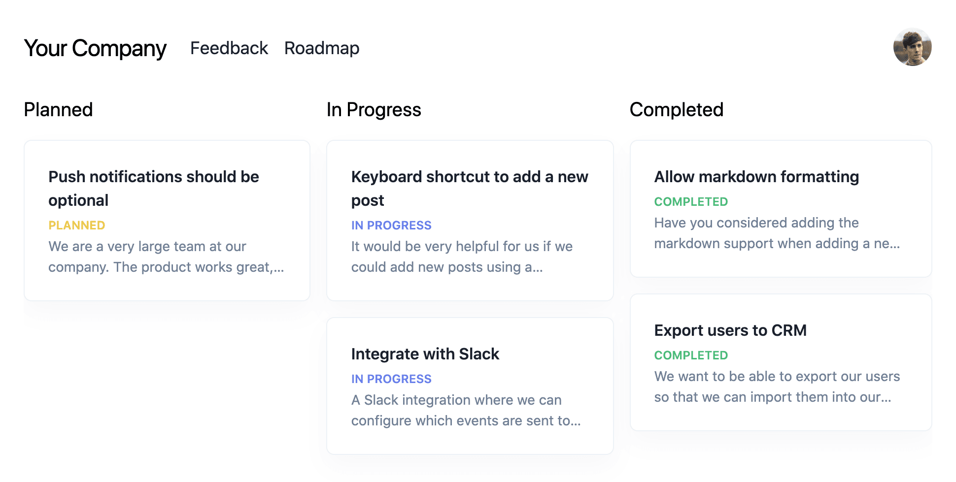 Product feedback page where customers can share, discuss and upvote feature requests.